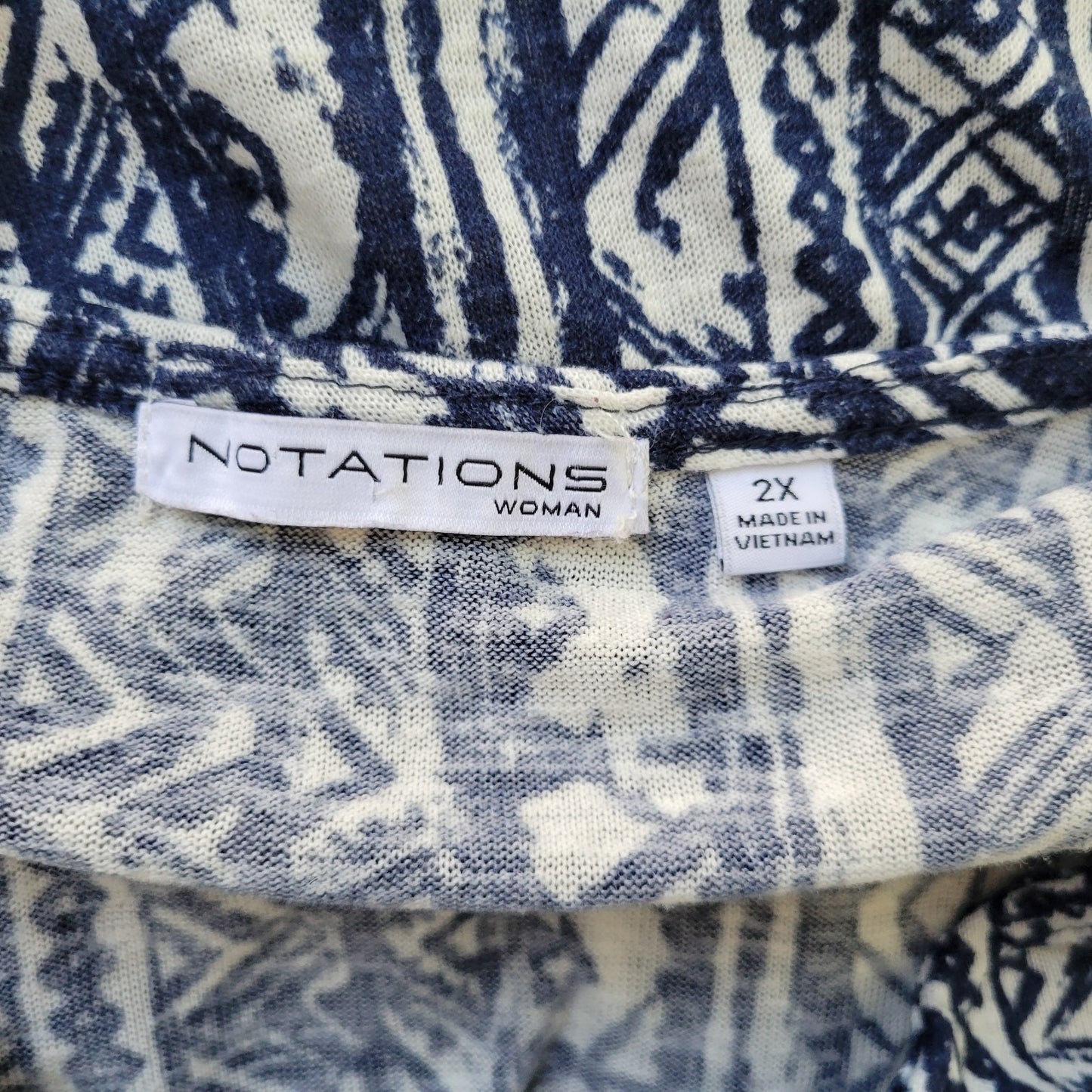 Notations Women's 2X Plus Blue White Geometric Button Up Top 3/4 Roll Tab Sleeve