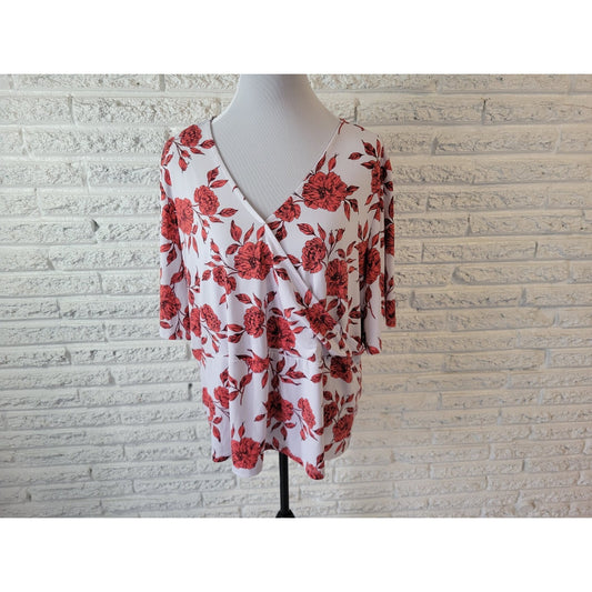 Liz Claiborne Women Top 2X Plus Short Sleeve Draped Red Floral Poly Blend Office