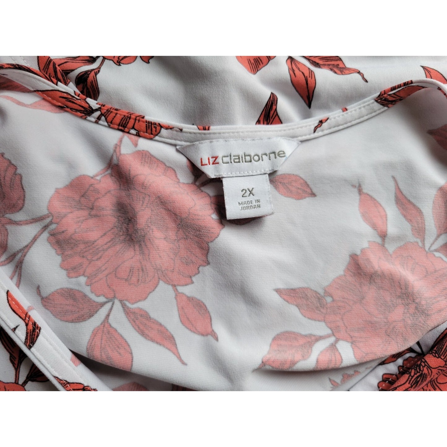 Liz Claiborne Women Top 2X Plus Short Sleeve Draped Red Floral Poly Blend Office