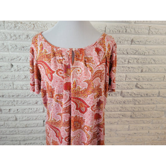 Chaps Women Top 2X Plus Flutter Short Sleeve Red Paisley Keyhole Rayon Spandex