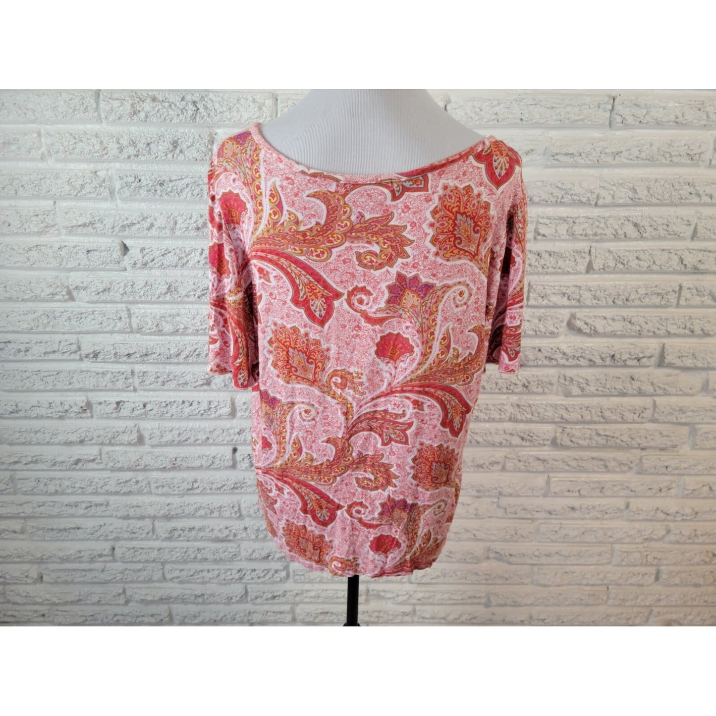 Chaps Women Top 2X Plus Flutter Short Sleeve Red Paisley Keyhole Rayon Spandex