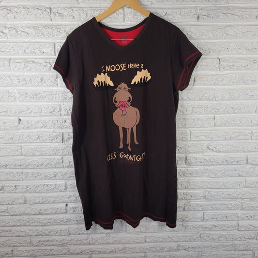 Lazy One Womens Pajama Top L XL Nightgown Moose Kiss Brown Loungewear Cotton