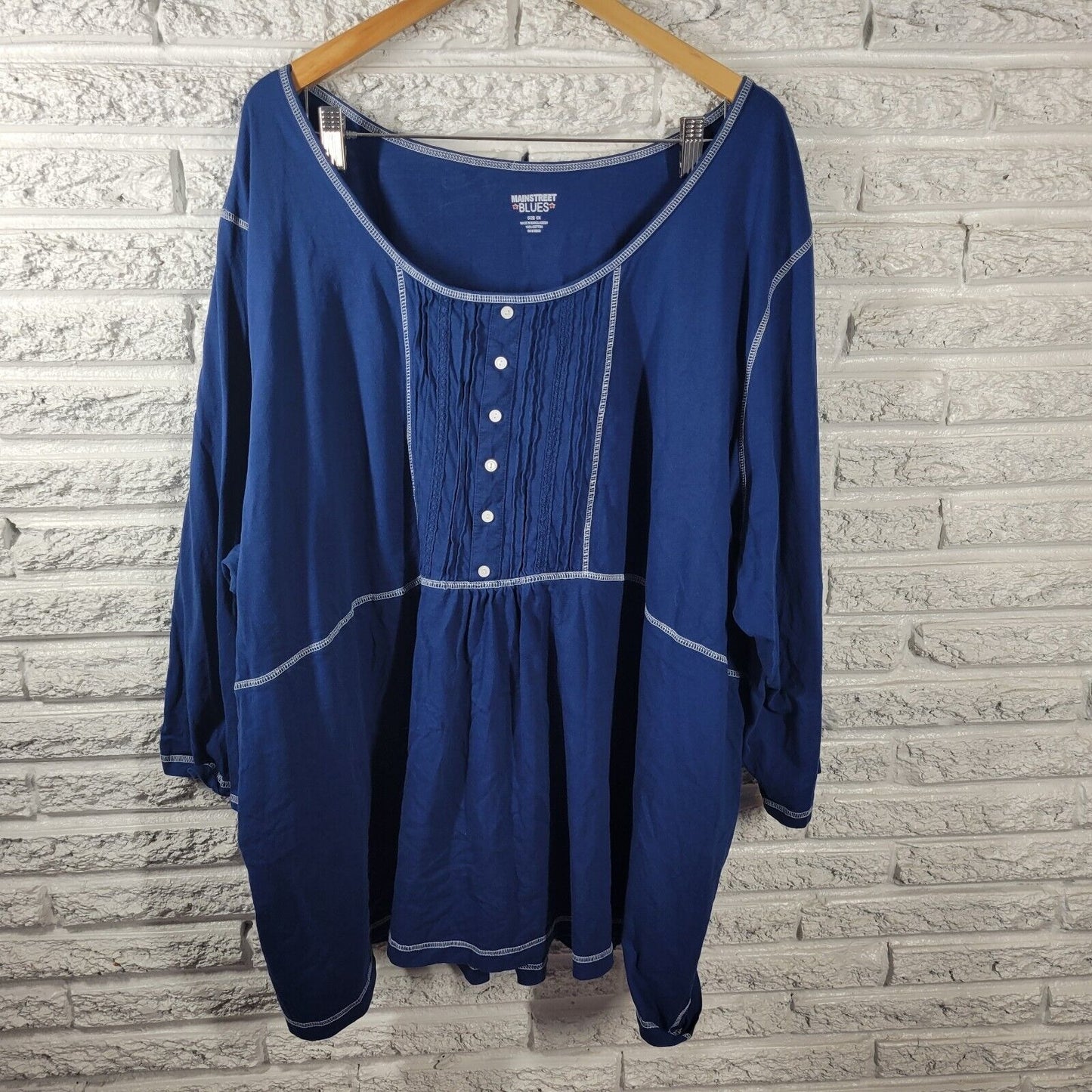 Main Street Blues Women Top 5X Plus Tunic 3/4 Sleeve Blue Pintuck Deco Buttons