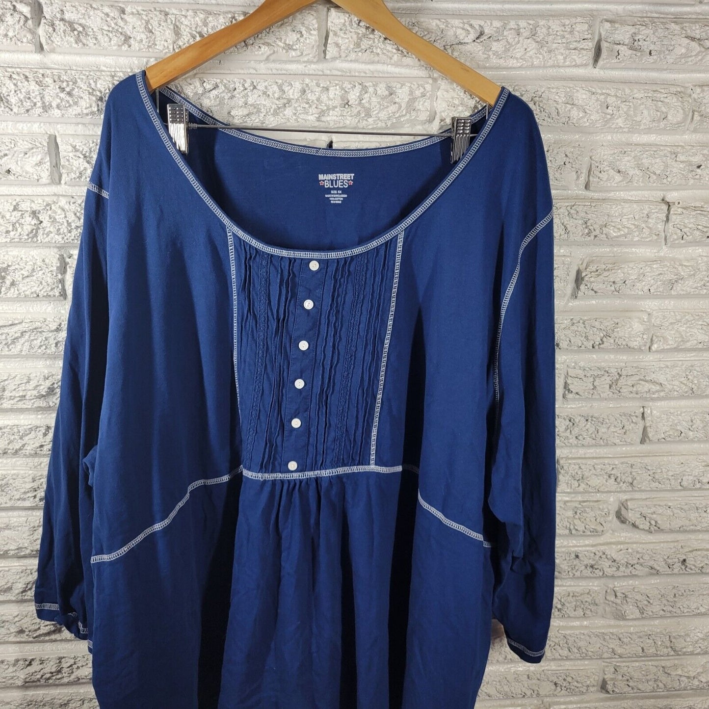 Main Street Blues Women Top 5X Plus Tunic 3/4 Sleeve Blue Pintuck Deco Buttons