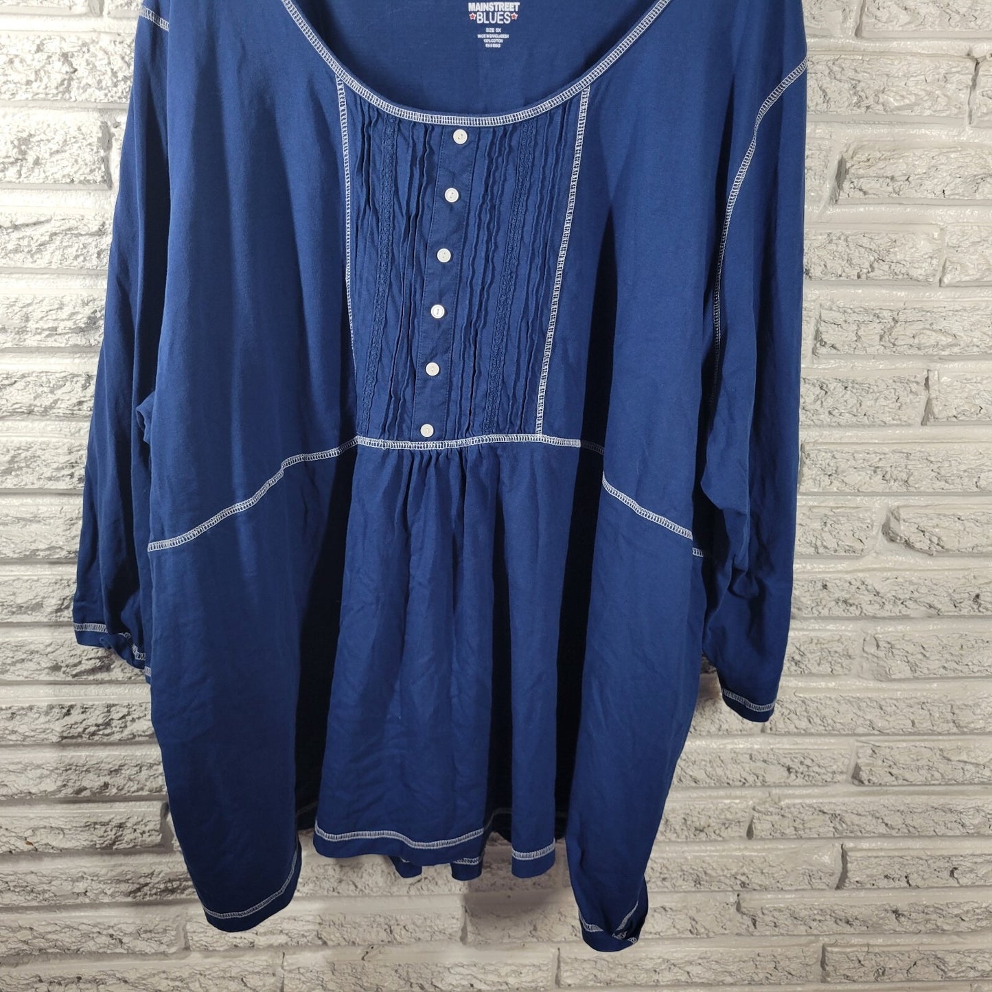 Main Street Blues Women Top 5X Plus Tunic 3/4 Sleeve Blue Pintuck Deco Buttons