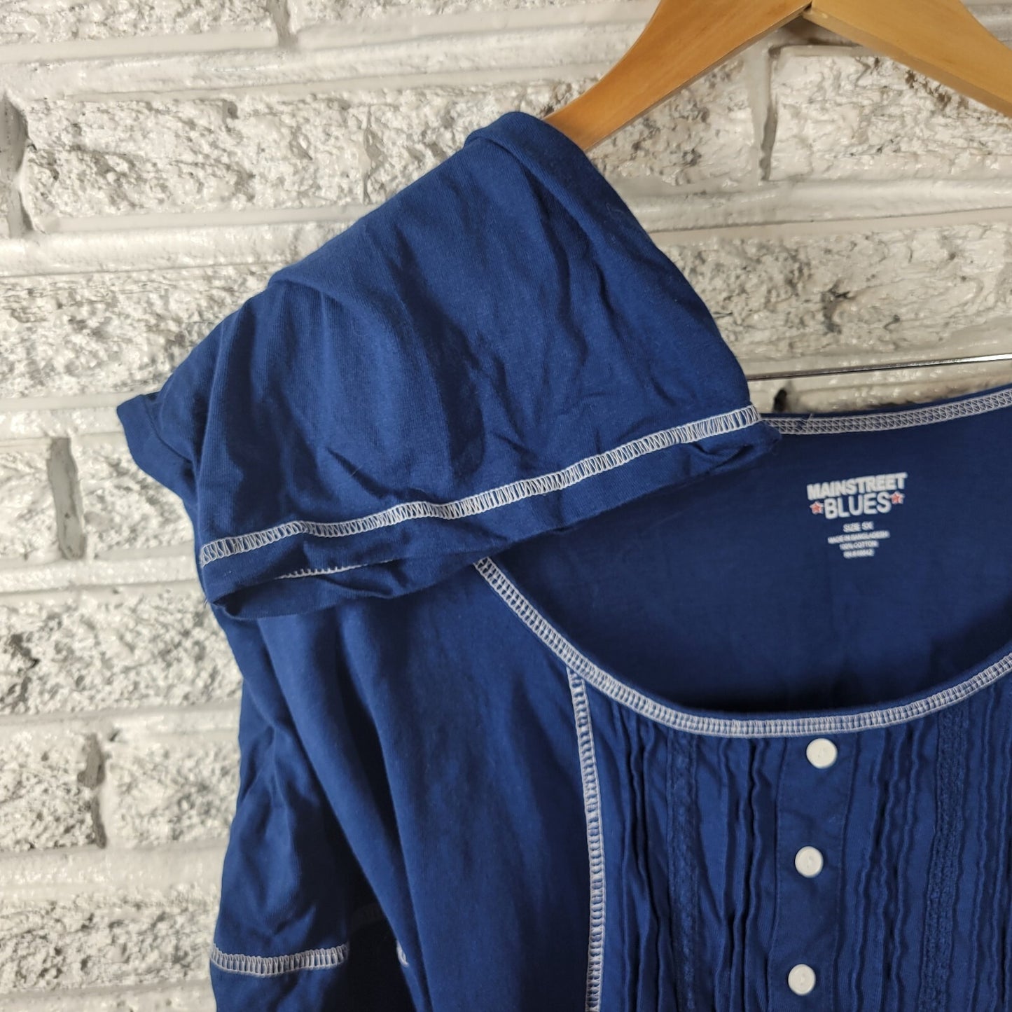 Main Street Blues Women Top 5X Plus Tunic 3/4 Sleeve Blue Pintuck Deco Buttons