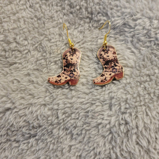 Cowgirl Boot Brown Tan Hanging Earrings Gold Tone Western Rodeo Dangle Drop
