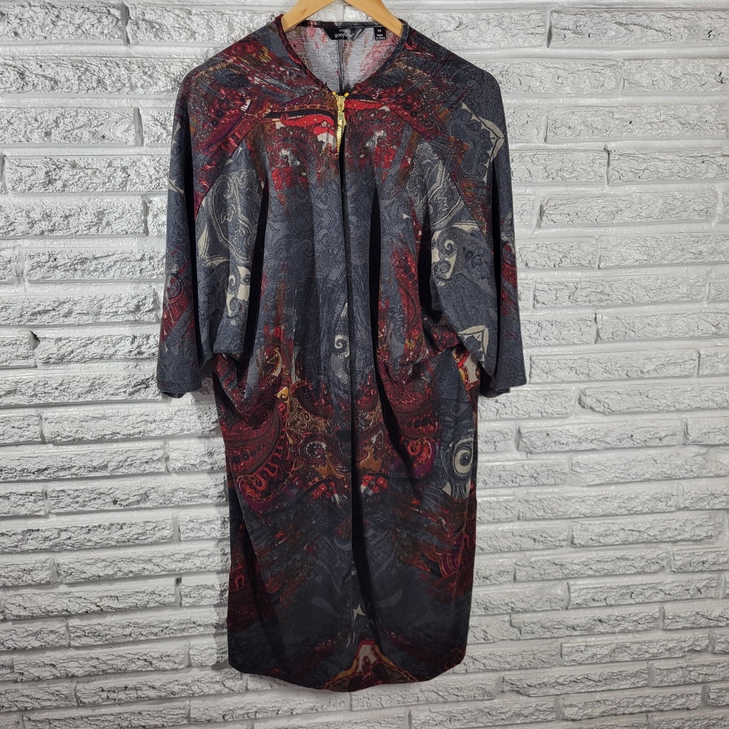 Mlle Gabrielle Women Dress 3X Plus Short Sleeve Gray Paisley Soft Poly Blend Zip