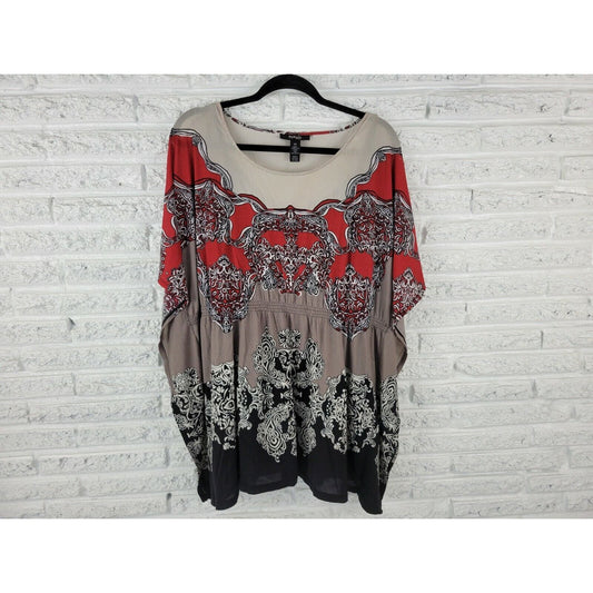 Style & Co Womens Top 2X Plus Tunic Angel Sleeves Red Floral Nylon Pullover