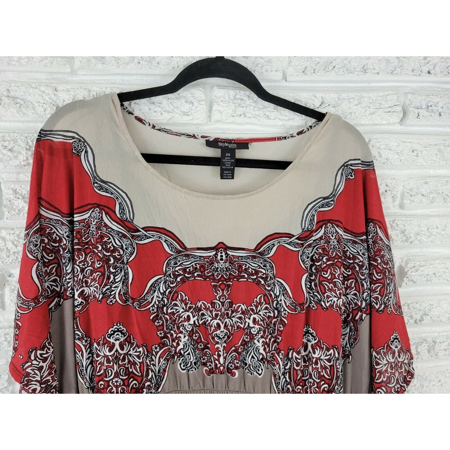 Style & Co Womens Top 2X Plus Tunic Angel Sleeves Red Floral Nylon Pullover