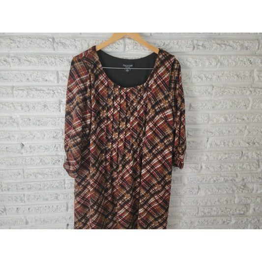 Perceptions Women Dress Extra Large Shirt Knit Mini Brown Plaid Ruched Sleeve