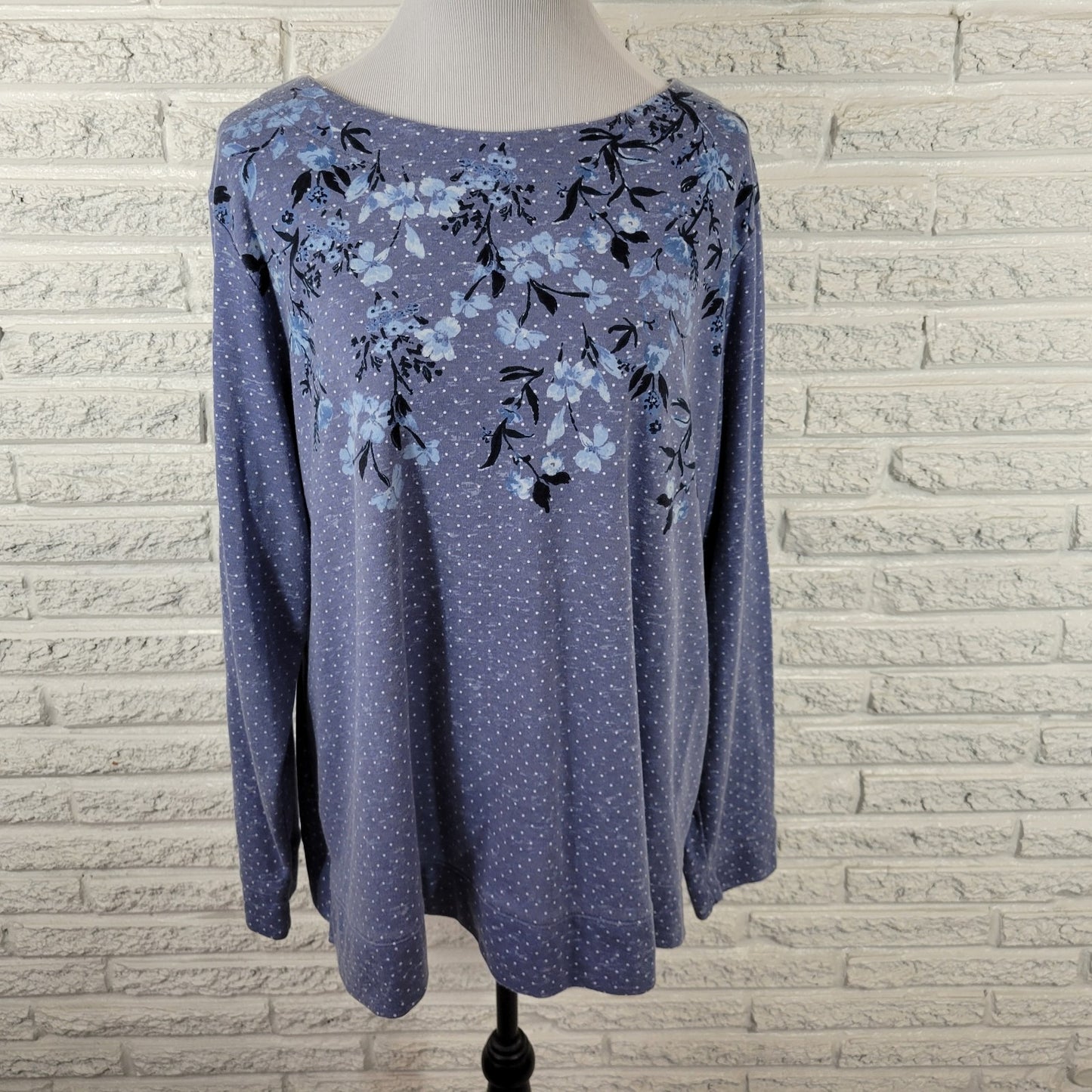 Croft Barrow Extra Soft Womens Top 2X Plus Long Sleeve Blue Floral Cotton Blend