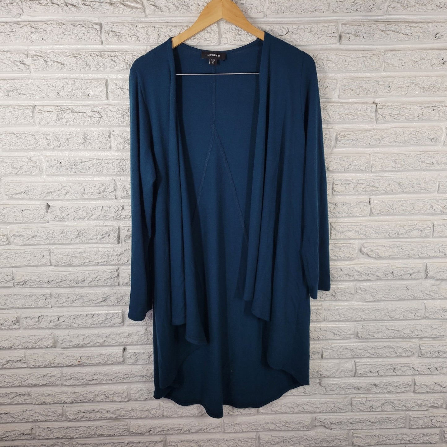 Karen Kane Womens Top 1X Plus Cardigan Open Blue Green Knit Poly Blend Office