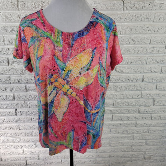 Leoma Lovegrove Womens Top XL Tee Dragonfly Pink Poly Blend Rhinestones Comfy