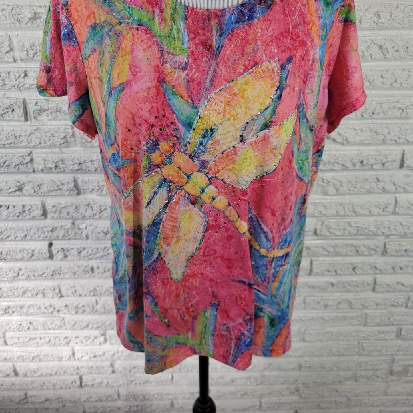 Leoma Lovegrove Womens Top XL Tee Dragonfly Pink Poly Blend Rhinestones Comfy