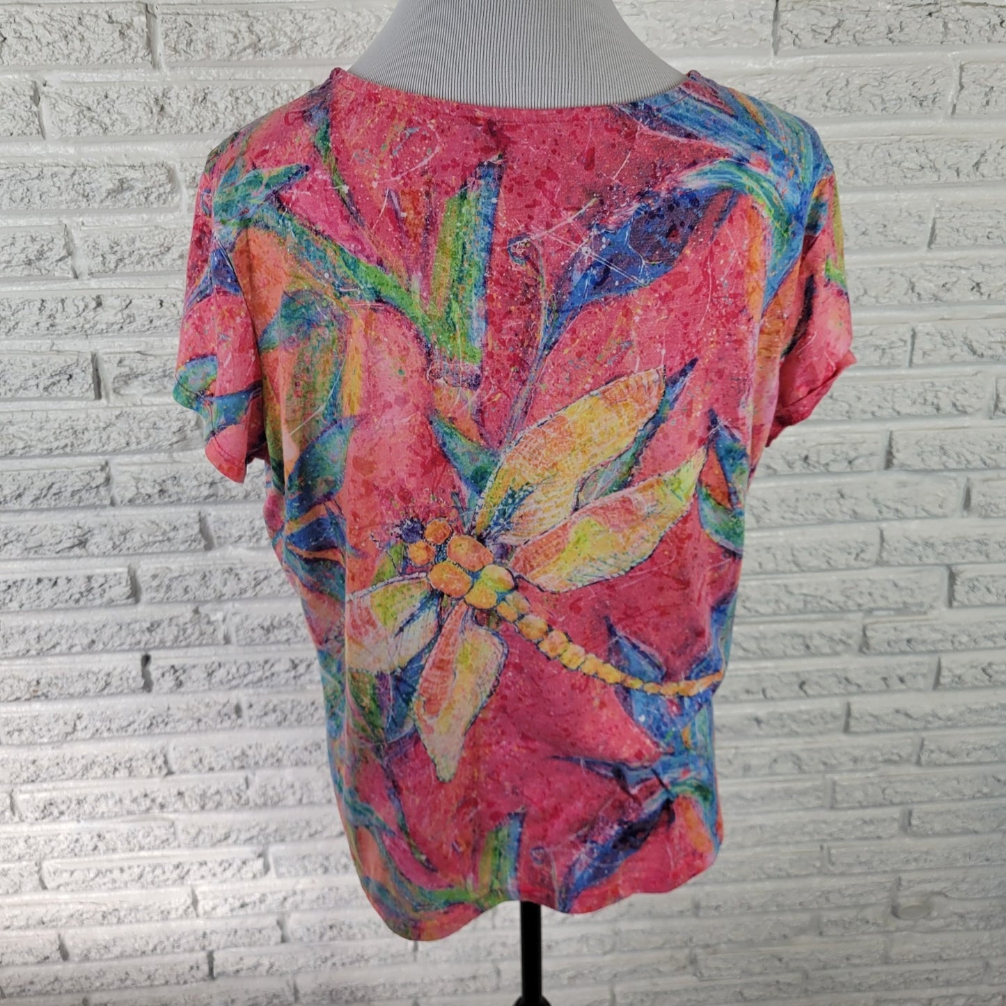 Leoma Lovegrove Womens Top XL Tee Dragonfly Pink Poly Blend Rhinestones Comfy