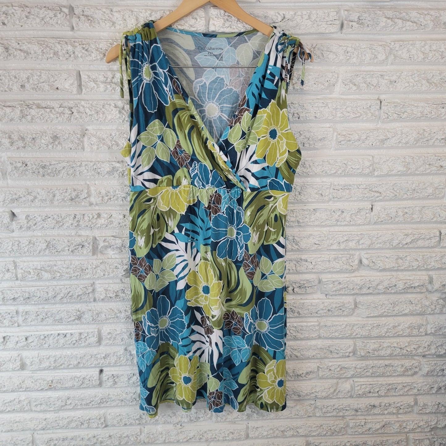 Croft Barrow Womens Dress PXL Mini Sheath Sleeveless Ties Blue Green Floral