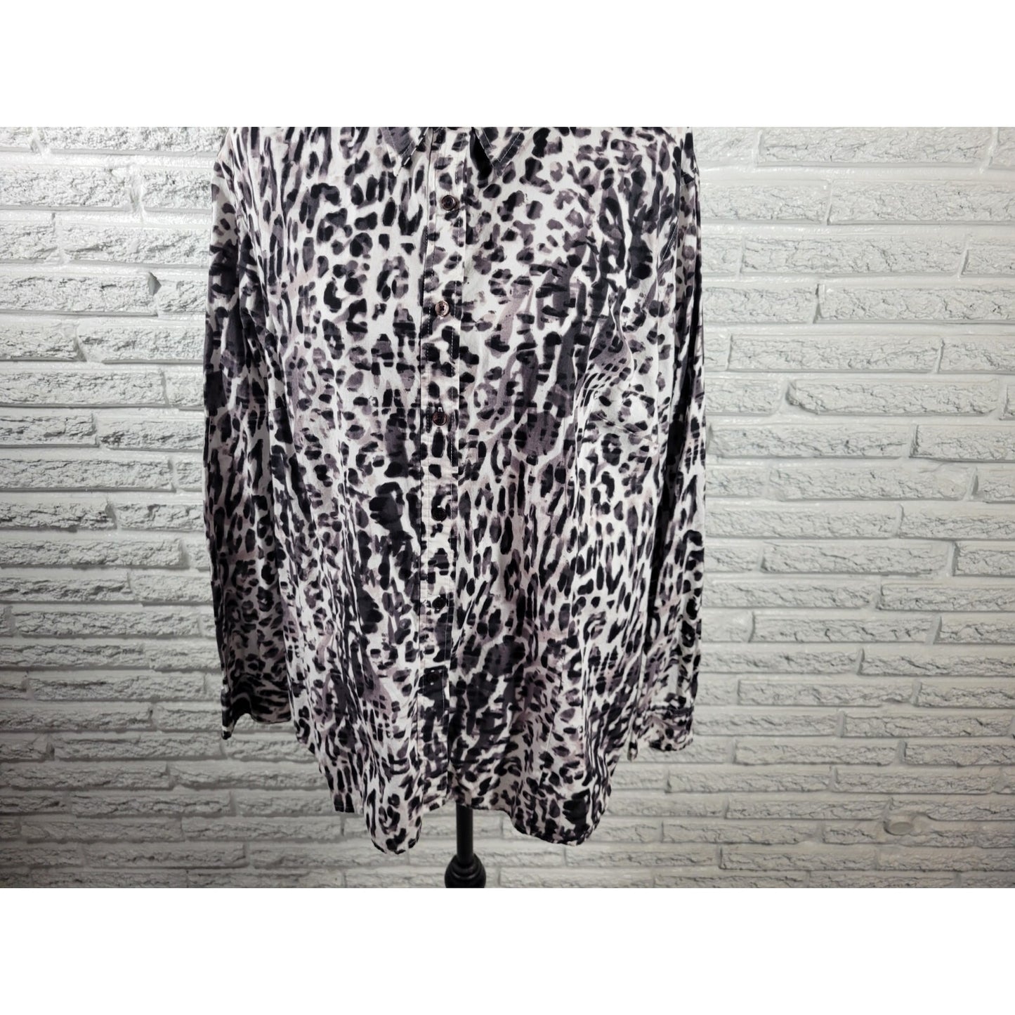 Jones New York Womens Top 3X Plus Long Sleeve Black Animal Print Collar Cotton
