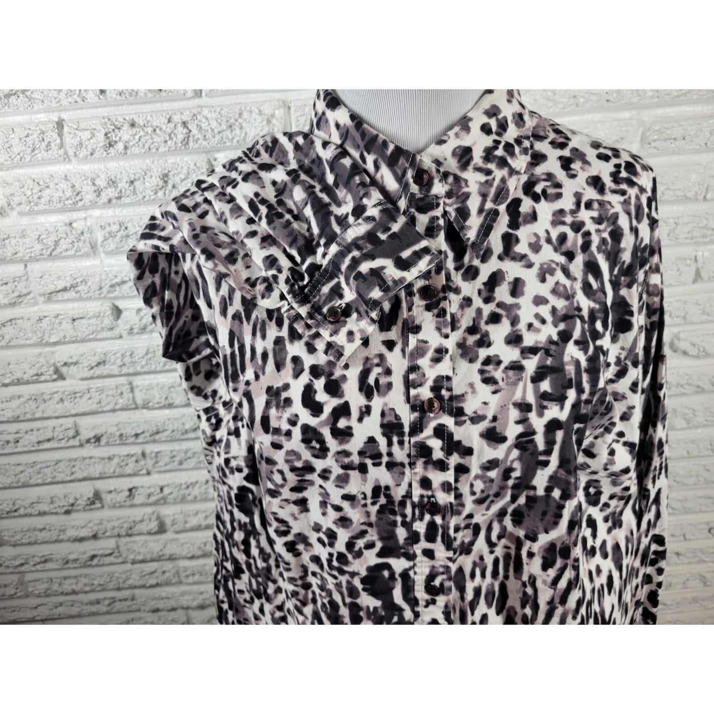 Jones New York Womens Top 3X Plus Long Sleeve Black Animal Print Collar Cotton