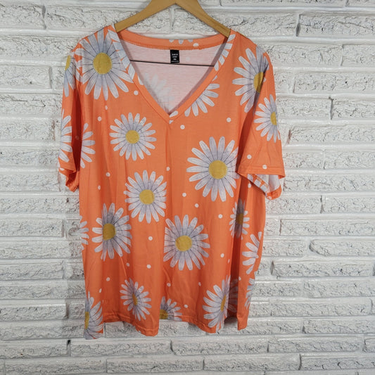 Shein Curve Womens Top 3XL Plus Tee Daisies Orange Floral Poly Blend Comfy