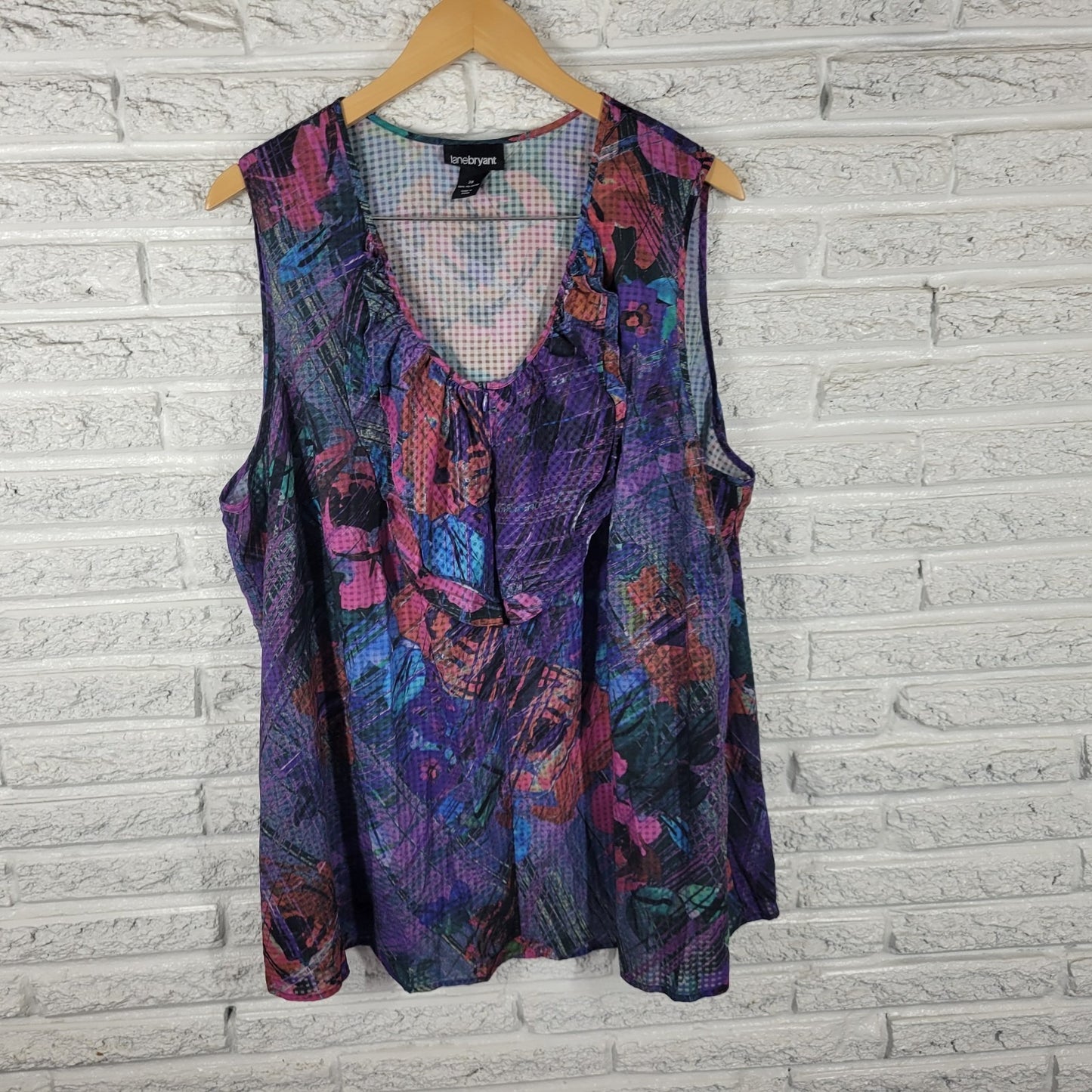 Lane Bryant Womens Top 28 Plus Tank Purple Floral 1/4 Zip Semi Sheer Ruffle Poly