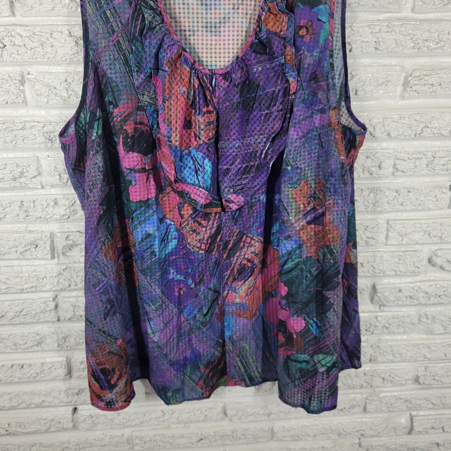 Lane Bryant Womens Top 28 Plus Tank Purple Floral 1/4 Zip Semi Sheer Ruffle Poly
