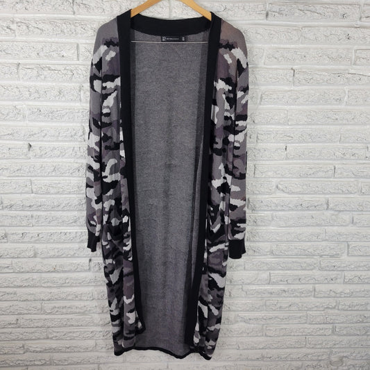 New York Co Womens Sweater 2XL Plus Cardigan Open Pockets Gray Camouflage Knit