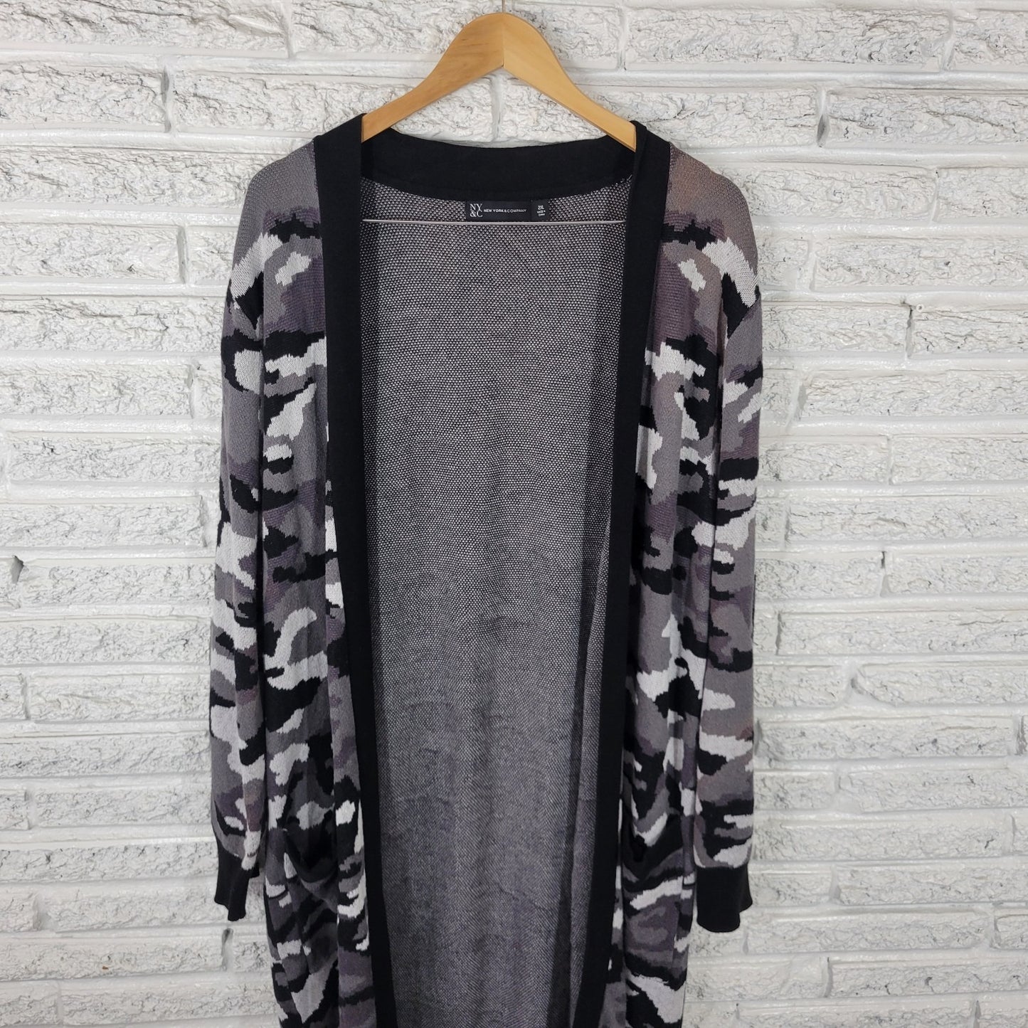 New York Co Womens Sweater 2XL Plus Cardigan Open Pockets Gray Camouflage Knit