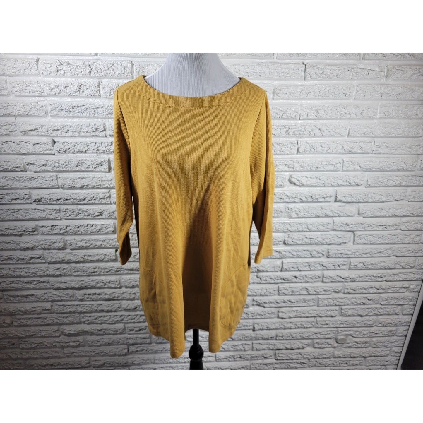 CJ Banks Womens Top 1X Plus Tunic 3/4 Sleeve Waffle Knit Gold Pockets Casual