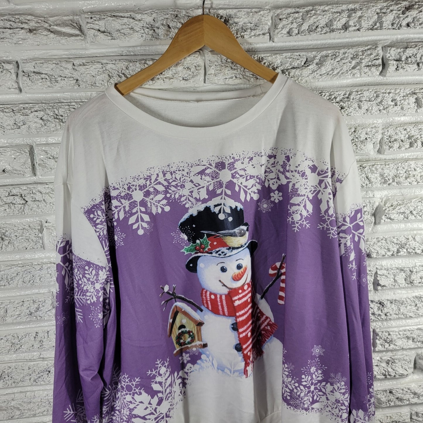 Christmas Womens Top 4XL Plus Tee Long Sleeve Snowman Purple Poly Blend