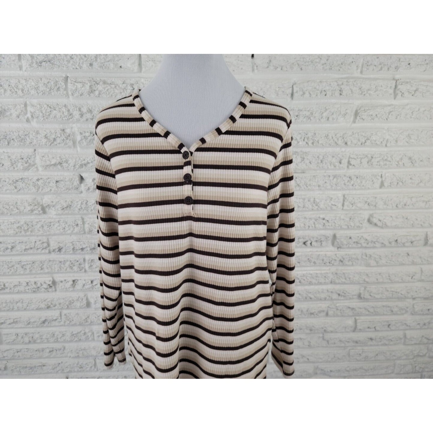 CJ Banks Women Top X Extra Large XL Knit 1/4 Button Brown Stripe Comfy Casual