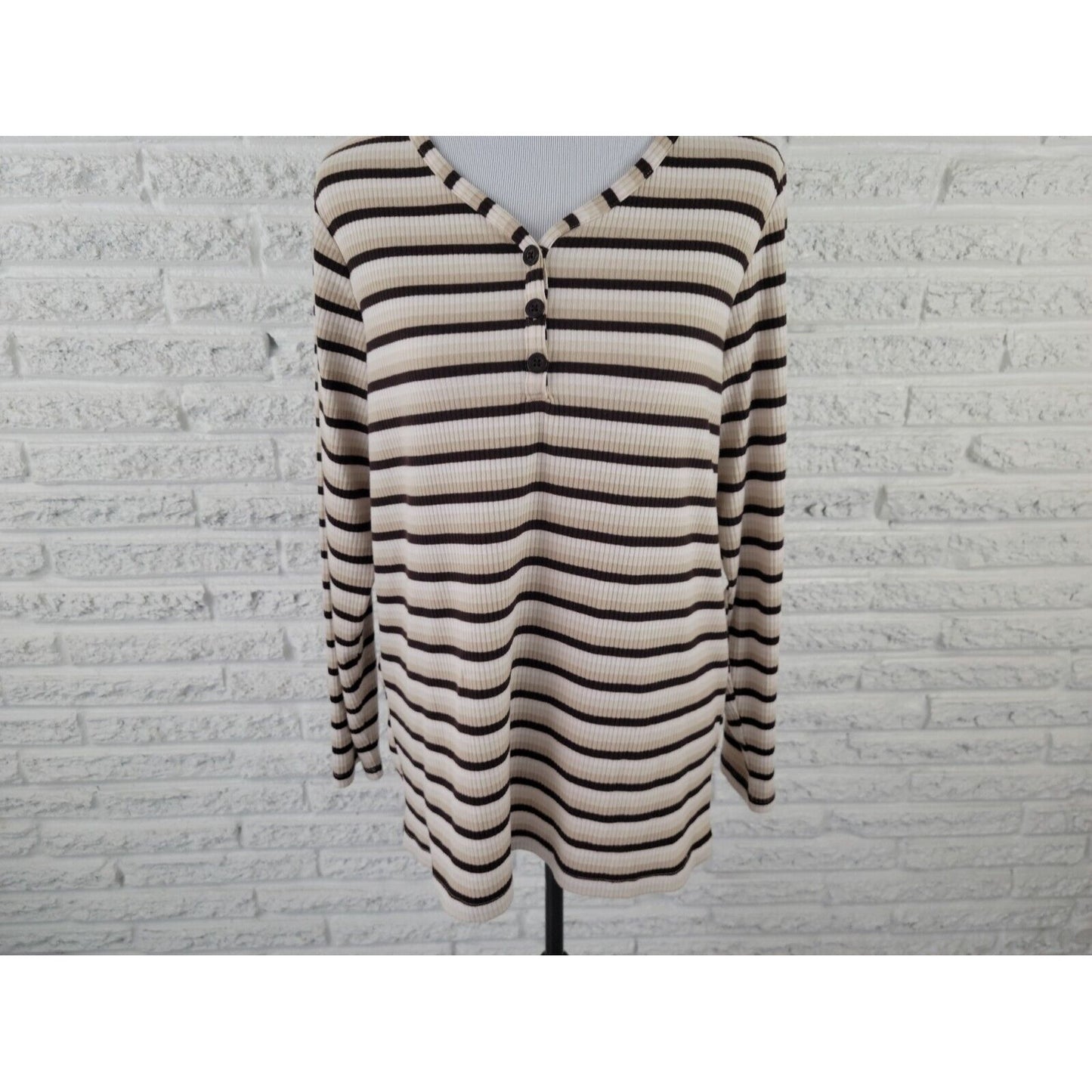 CJ Banks Women Top X Extra Large XL Knit 1/4 Button Brown Stripe Comfy Casual