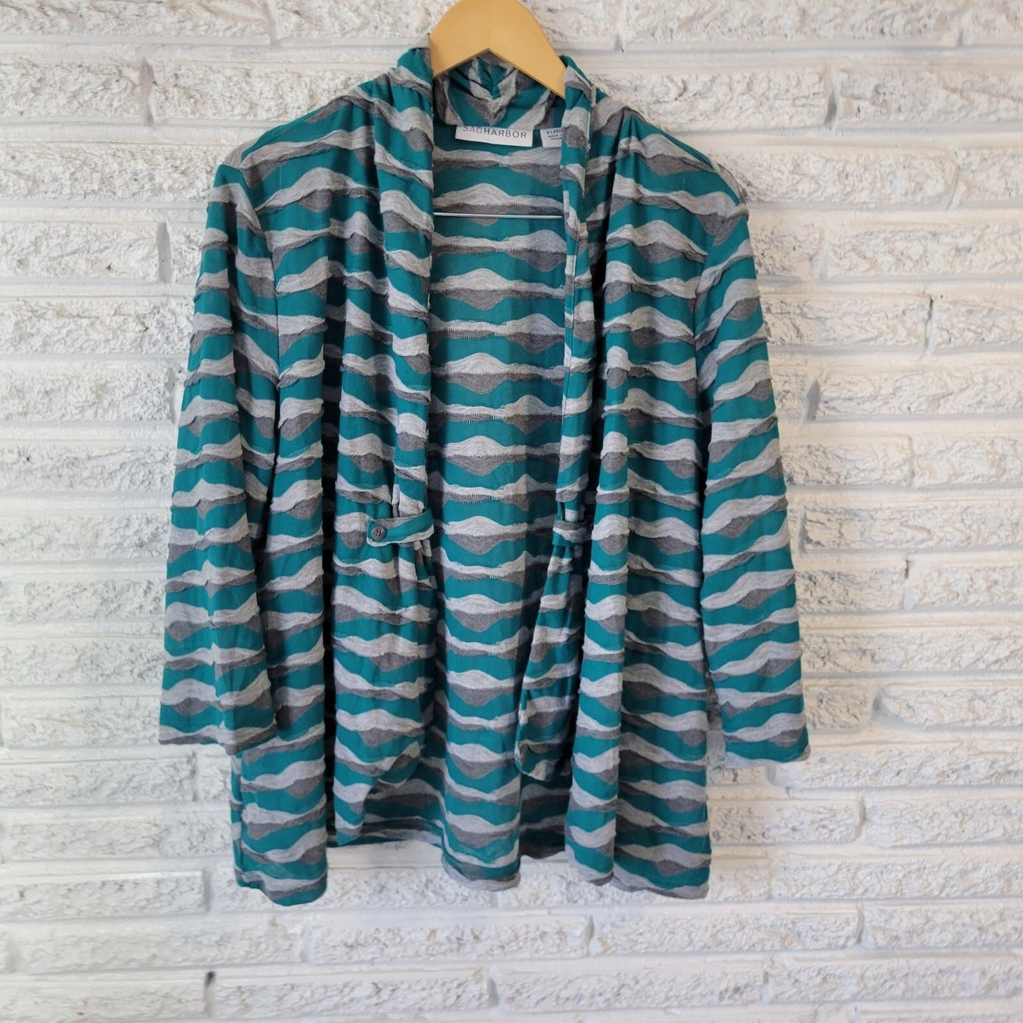 Sag Harbor Womens Top Extra Large Open Overlay Green Gray Stripe Sheer