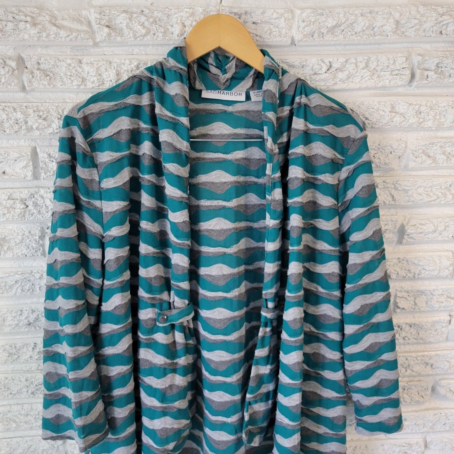 Sag Harbor Womens Top Extra Large Open Overlay Green Gray Stripe Sheer