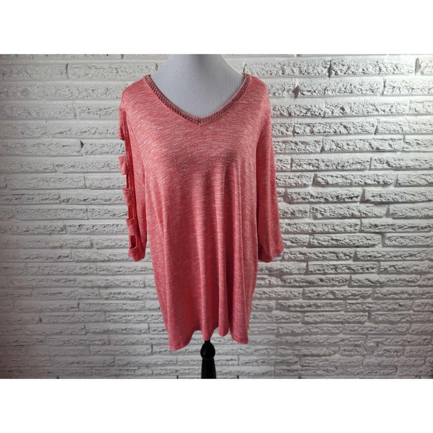 Terra Sky Women Top 1X Plus Tunic Cut Out Sleeves Pink Studded Metallic Thread