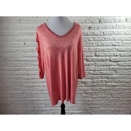 Terra Sky Women Top 1X Plus Tunic Cut Out Sleeves Pink Studded Metallic Thread
