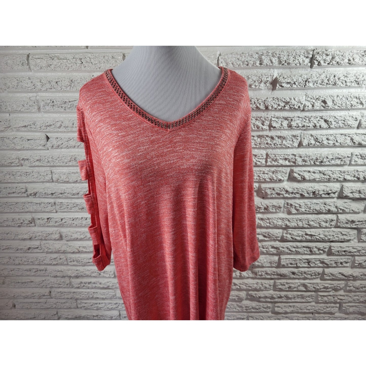 Terra Sky Women Top 1X Plus Tunic Cut Out Sleeves Pink Studded Metallic Thread