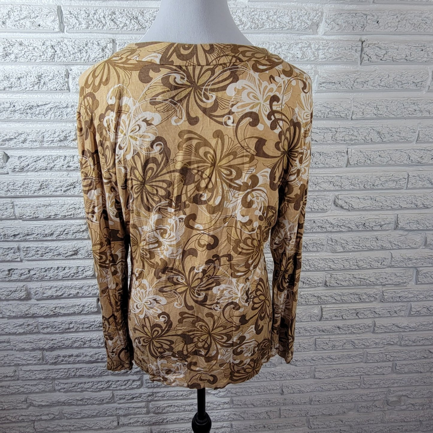 New York Co Womens Top Extra Large XL Tan Floral Ruched Metallic Thread Casual