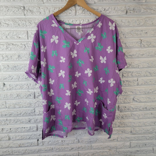 Unisex Scrub Top 3X Plus Short Sleeve Butterflies Lavender Pockets Medical Vet