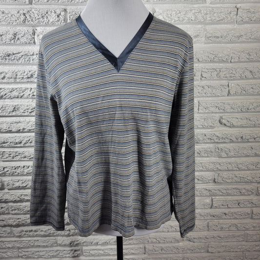 Liz Claiborne Women Top Extra Large XL Tee Long Sleeve Blue White Stripe Casual