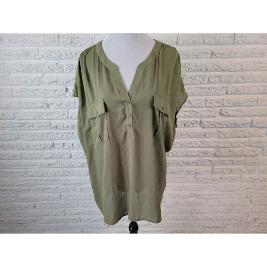 Terra Sky Women Top 3X Plus Sleeveless Quarter Button Semi Sheer Polyester Green