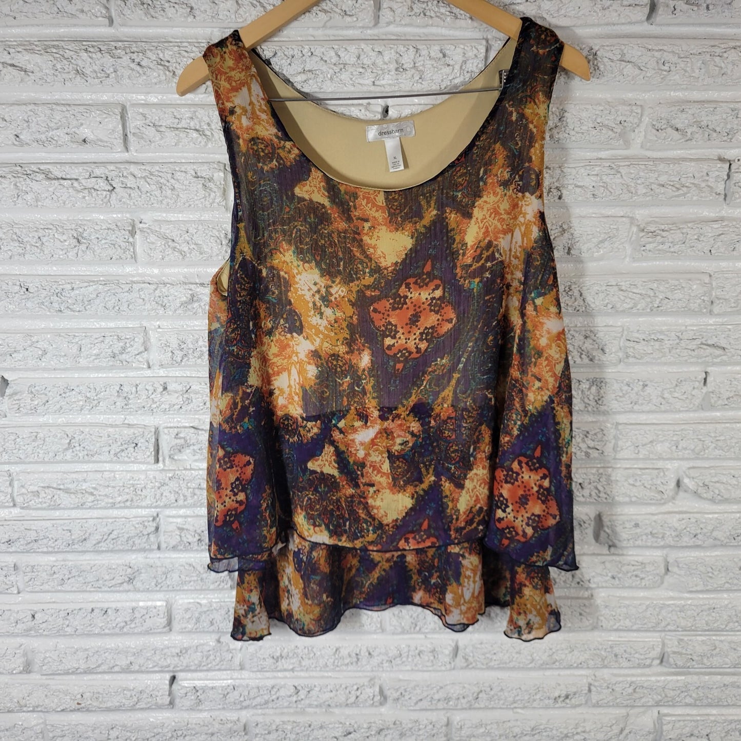 Dress Barn Womens Top XL Sleeveless Gold Orange Geometric Lined Lightweight USA