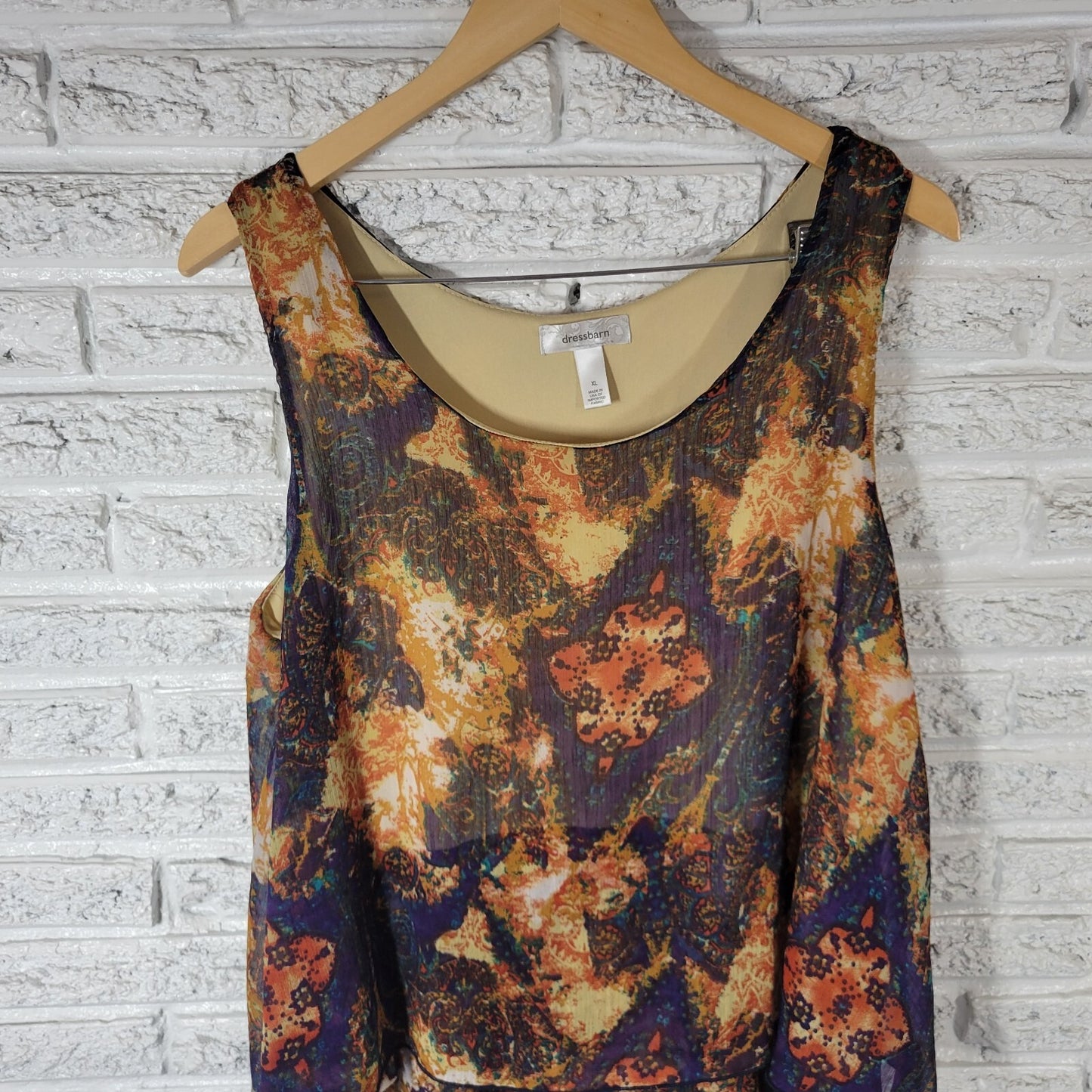 Dress Barn Womens Top XL Sleeveless Gold Orange Geometric Lined Lightweight USA