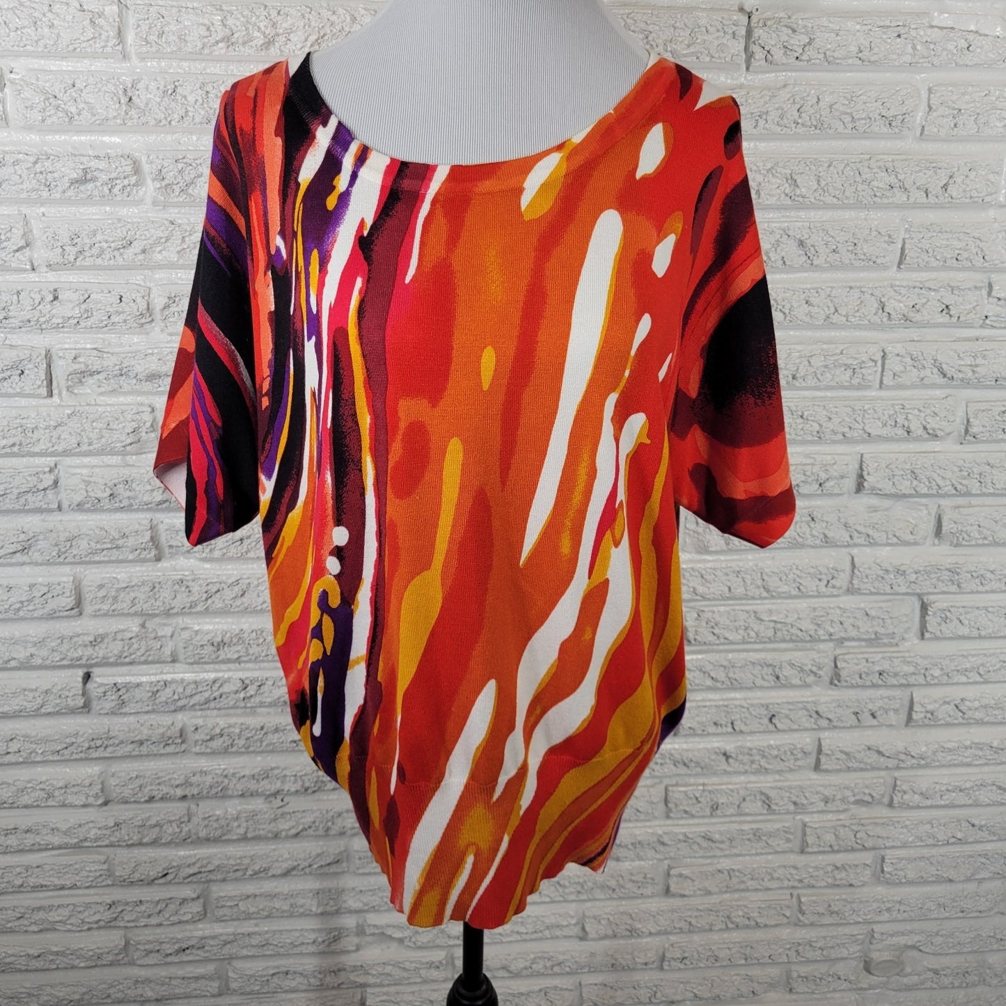 Joseph A Womens Top Extra Large XL Knit Short Sleeve Orange Red Watercolor Comfy