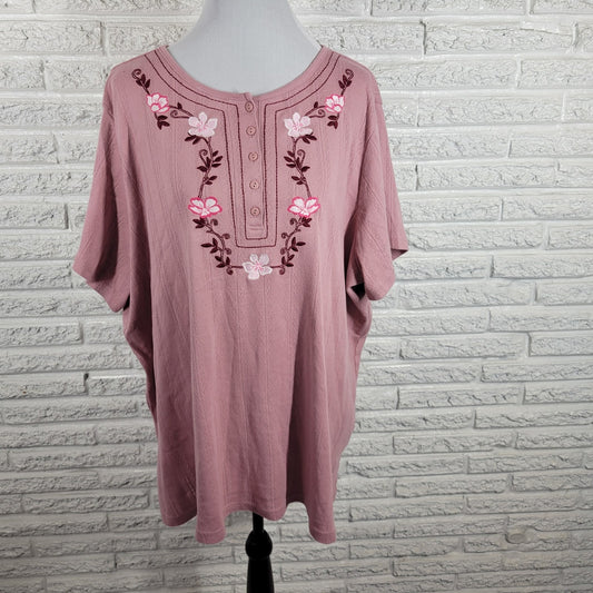 Woman Within Women Top 2X Plus Short Sleeve Pink Embroidered Eyelet Comfy Casual