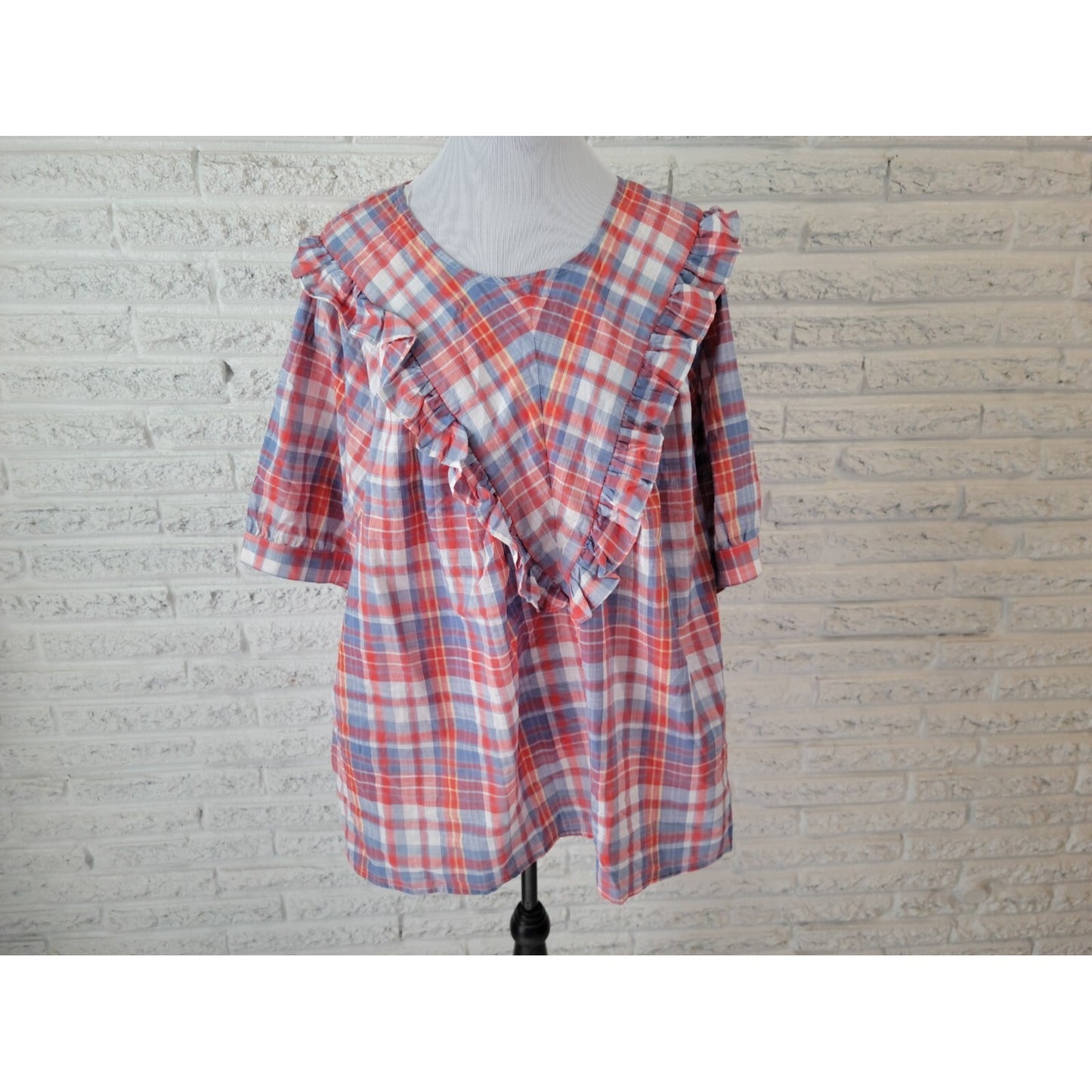 Terra Sky Womens Top 4X Plus Short Sleeve Red Plaid Polyester Ruffle Keyhole