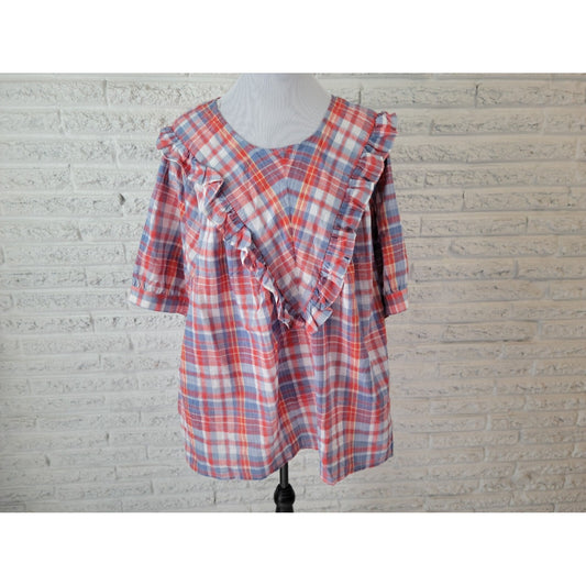 Terra Sky Womens Top 4X Plus Short Sleeve Red Plaid Polyester Ruffle Keyhole