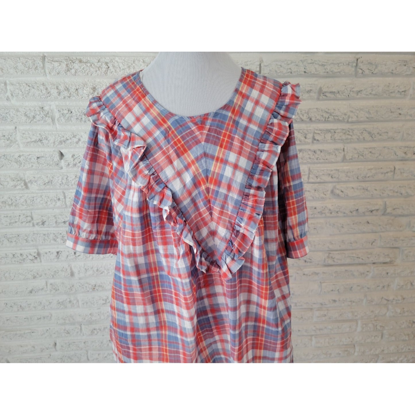 Terra Sky Womens Top 4X Plus Short Sleeve Red Plaid Polyester Ruffle Keyhole