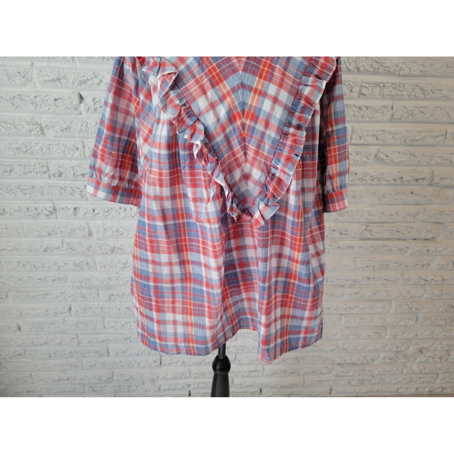 Terra Sky Womens Top 4X Plus Short Sleeve Red Plaid Polyester Ruffle Keyhole