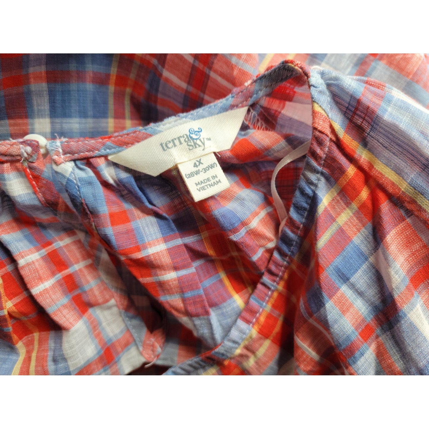 Terra Sky Womens Top 4X Plus Short Sleeve Red Plaid Polyester Ruffle Keyhole